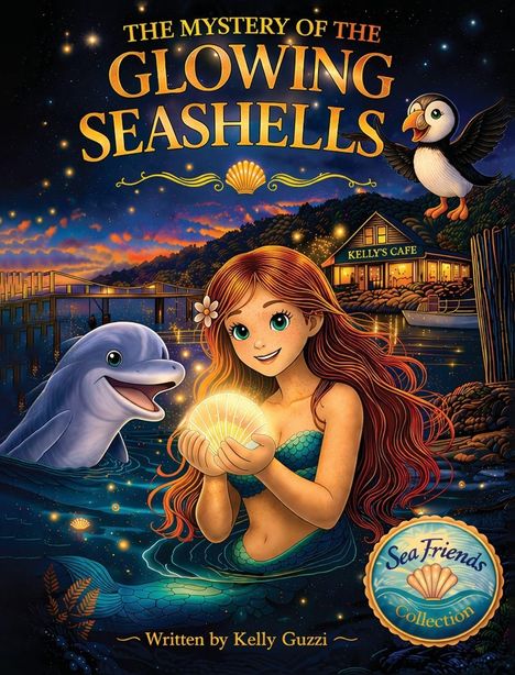 "The Mystery of the Glowing Seashells." Eine Meerjungfrau hält eine leuchtende Muschel, daneben ein Delfin und ein Café am Meer.