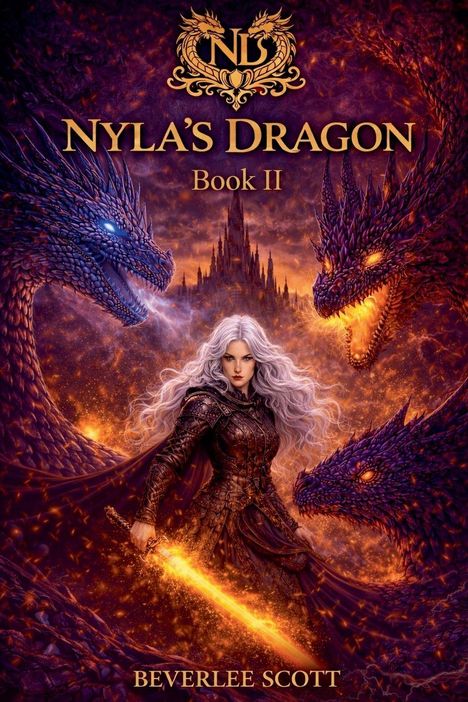 "NYLA'S DRAGON Book II" oben zentriert. Frau mit weißem Haar und Schwert, flankiert von drei Drachen, vor einer Burg.