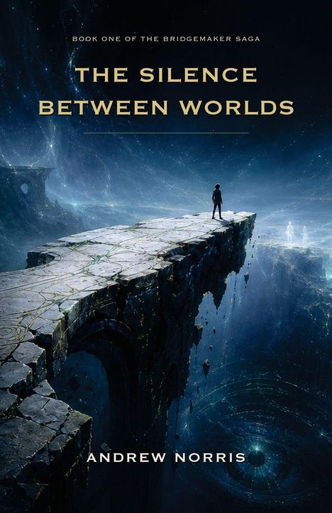 Text: "BOOK ONE OF THE BRIDGEMAKER SAGA - THE SILENCE BETWEEN WORLDS - ANDREW NORRIS". Illustration: Person auf schwebender Brücke im Weltall.