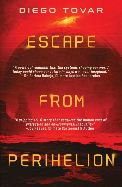 „Escape from Perihelion“ von Diego Tovar. Roter Hintergrund mit Landschaft und futuristischer Kuppel.