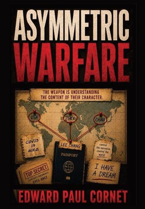 ASYYMETRIC WARFARE; Edward Paul Cornet; Weltkarte mit USA, ITALY, CHINA markiert; Text: COVID-19 W.H.O., Passport, I have a dream.