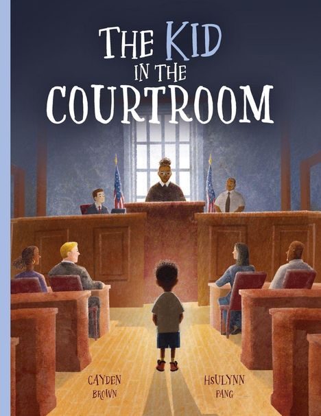 "The Kid in the Courtroom", ein Kind steht vor Gericht, umgeben von Erwachsenen, in einer Illustration.