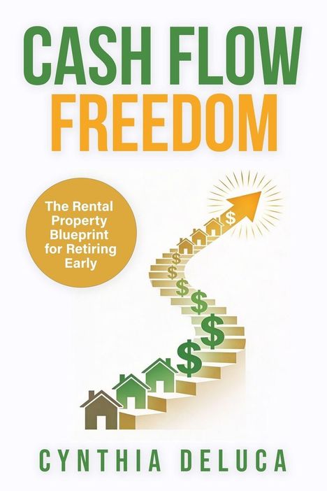 Text: "CASH FLOW FREEDOM", "The Rental Property Blueprint for Retiring Early", "Cynthia DeLuca". Illustration von Häusern und Dollarzeichen.
