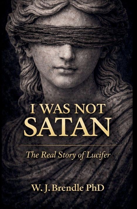 „I WAS NOT SATAN – The Real Story of Lucifer“ von W. J. Brendle PhD. Illustration: Statue mit verbundenen Augen.