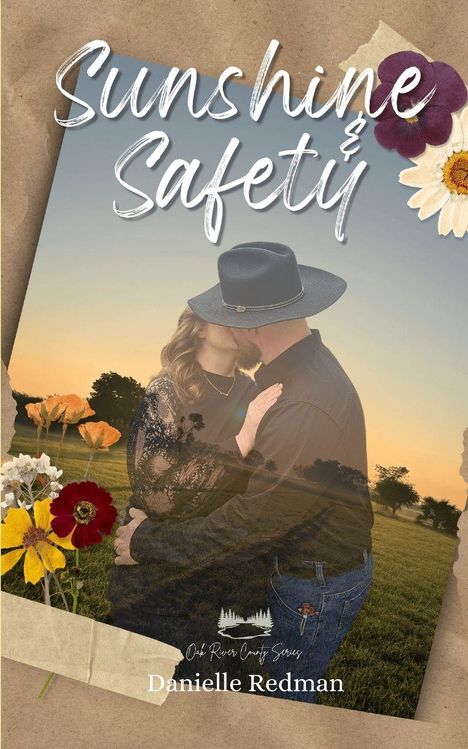 „Sunshine & Safety“ in handgeschriebener Schrift. Ein Paar umarmt sich in einer ländlichen Landschaft bei Sonnenuntergang.