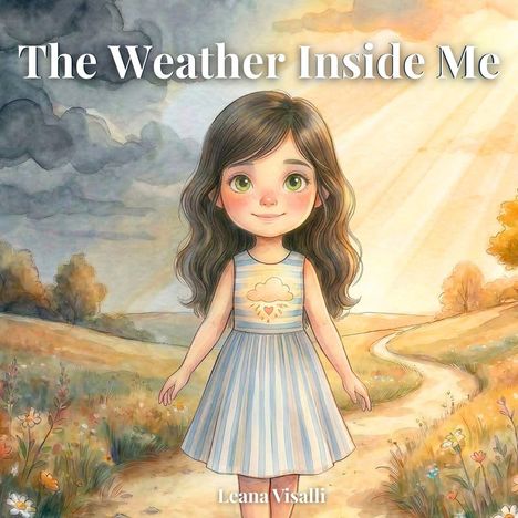 "The Weather Inside Me", Illustration eines Mädchens im Kleid mit Wolkenmotiv. Hintergrund: sonnige und wolkige Landschaft.