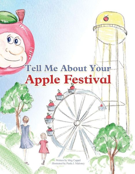 "Tell Me About Your Apple Festival" in blauer und roter Schrift. Illustration von Riesenrad mit Apfelkörben und zwei Personen.