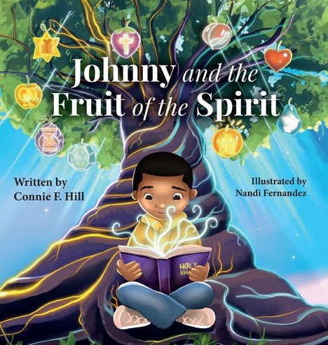 „Johnny and the Fruit of the Spirit“. Kind unter Baum liest eine leuchtende Bibel. Symbole in den Zweigen.