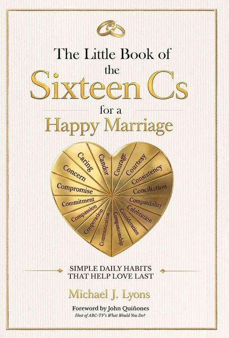 "The Little Book of the Sixteen Cs for a Happy Marriage" steht über einem Herz mit Wörtern wie "Caring", "Courage".