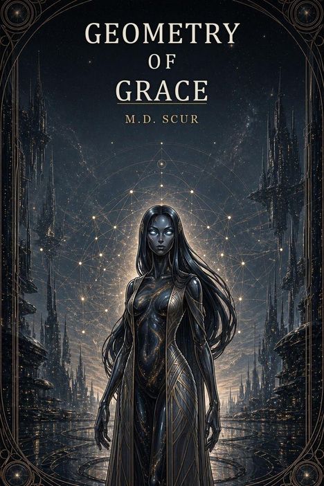 "GEOMETRY OF GRACE M.D. SCUR" steht über einer futuristischen, metallischen Frau vor einer geometrischen Stadtkulisse.