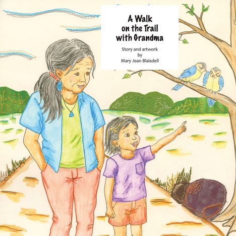 „A Walk on the Trail with Grandma“ steht oben. Illustration: Eine Großmutter und ein Kind spazieren, während Vögel auf einem Ast sitzen.