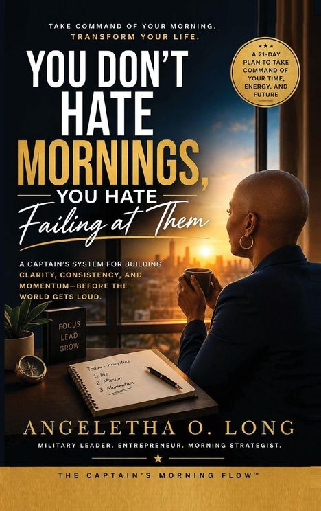 Ein Buchcover: "YOU DON'T HATE MORNINGS, YOU HATE Failing at Them", vor einer Sonnenaufgangsszene mit einer Person.