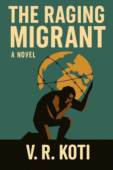 Text: "The Raging Migrant", "A Novel", "V. R. Koti". Eine stilisierte Figur trägt eine stacheldrahtumwickelte Weltkugel.