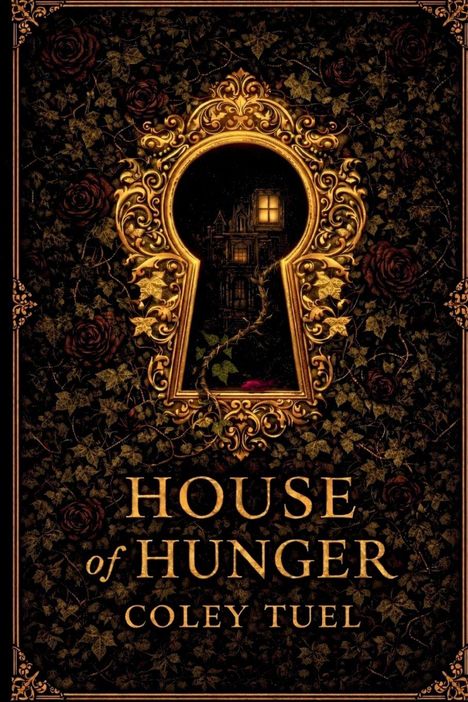 "House of Hunger" und "Coley Tuel" steht auf einem kunstvollen Schlüssel-Loch-Design mit einem Haus, umgeben von Rosen und Blättern.