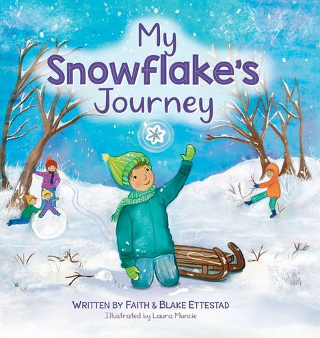 "My Snowflake's Journey," Illustration: Kinder spielen im Schnee, ein Kind winkt, rodeln, Schneebälle, kahle Bäume.