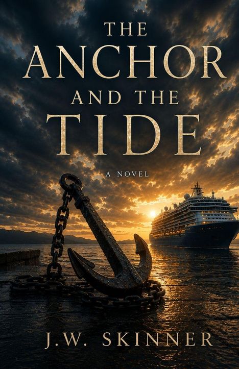 "The Anchor and the Tide" und "J.W. Skinner" sind in großen Buchstaben geschrieben. Ein Anker im Vordergrund, ein Schiff im Hintergrund bei Sonnenuntergang.
