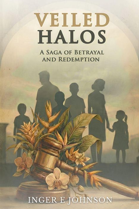 "VEILED HALOS: A Saga of Betrayal and Redemption. Inger E Johnson." Silhouetten einer Familie, Blumen, Richterhammer vorne.