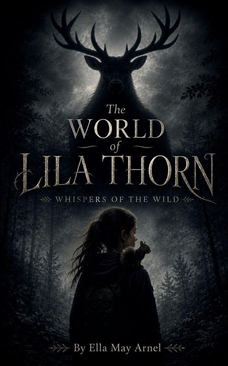 "The World of Lila Thorn", "Whispers of the Wild", "By Ella May Arnel". Eine Silhouette mit einem Eichhörnchen im Wald.