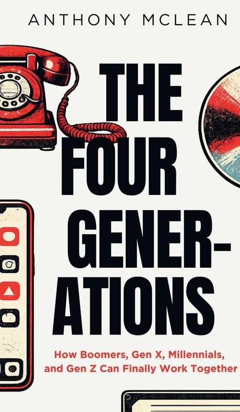 Der Text beschreibt den Titel "The Four Generations" mit einem alten Telefon und Symbolen im Vintage-Stil.