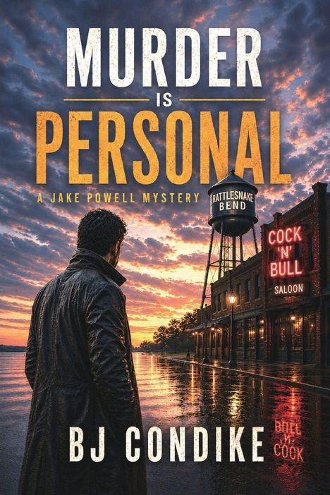 "MURDER IS PERSONAL. A Jake Powell Mystery. BJ CONDIKE. Abendhimmel mit Mann, der vor beleuchtetem Saloon steht."