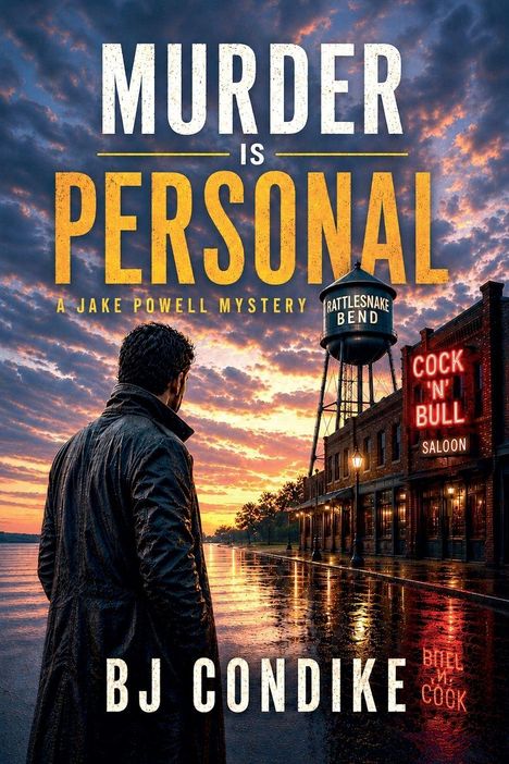 „Murder is Personal: A Jake Powell Mystery.“ Ein Mann im Mantel blickt auf eine nächtliche Straße mit Saloon.