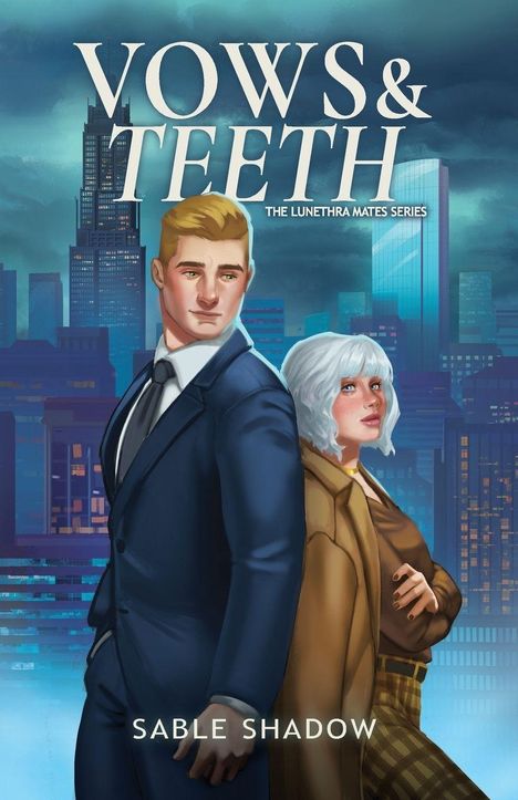 "Vows & Teeth: The Lunethra Mates Series" über zwei stilisierte Figuren in einer nächtlichen Stadtansicht.