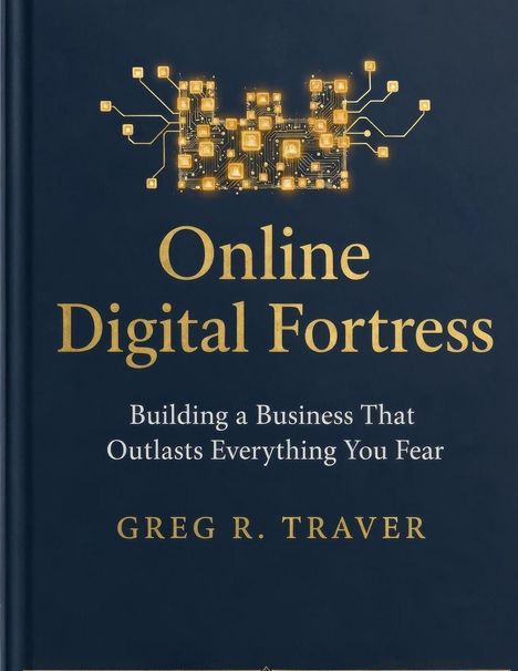 Text: "Online Digital Fortress. Building a Business That Outlasts Everything You Fear. GREG R. TRAVER." Illustration: digitale Festung.
