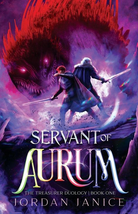 "Servant of Aurum", "The Treasurer Duology | Book One", "Jordan Janice". Zwei Kämpfer vor einem riesigen, bedrohlichen Drachen.
