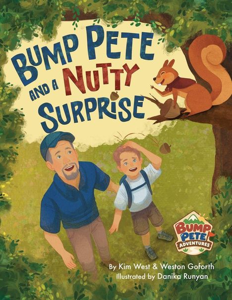 Bump Pete and a Nutty Surprise. Ein Mann und ein Junge blicken erfreut nach oben, ein Eichhörnchen sitzt auf einem Ast.