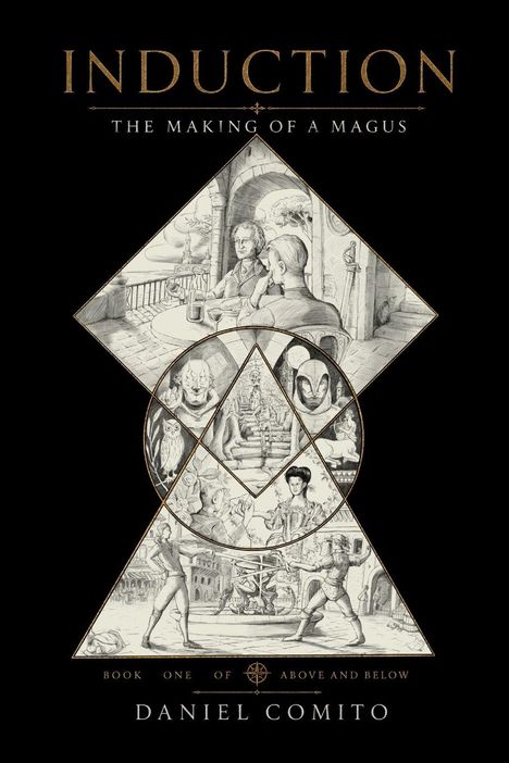„Induction: The Making of a Magus“ Buch-Coverillustration mit mittelalterlichen Szenen und mystischen Symbolen.