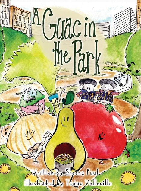 "A Guac in the Park" steht im Vordergrund. Darunter sind eine lächelnde Avocado, Tomate, Zwiebel und tanzende Figuren.