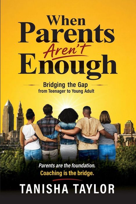 "When Parents Aren't Enough" und andere Texte; fünf Menschen umarmen sich, Skyline im Hintergrund.