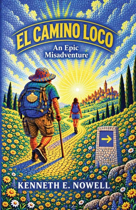 "EL CAMINO LOCO, An Epic Misadventure, Kenneth E. Nowell." Illustration: Wanderer auf gelbem Weg, Sonne im Hintergrund.