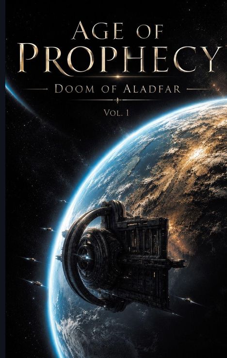Text: "AGE OF PROPHECY", "DOOM OF ALADFAR", "VOL. 1". Illustration eines Weltraums mit einem Planeten und futuristischer Raumstation.