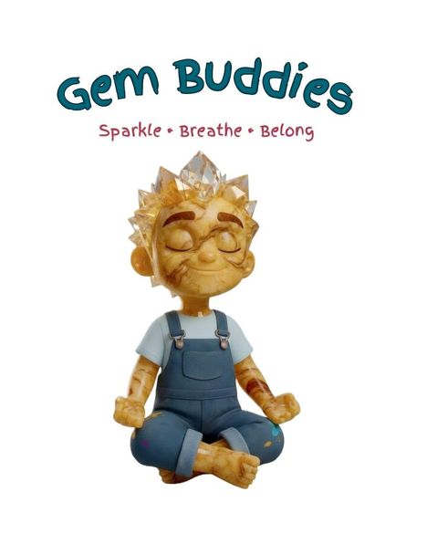 "Gem Buddies. Sparkle • Breathe • Belong." Figur mit Kristallkopf, Meditationspose, trägt Latzhose und T-Shirt.