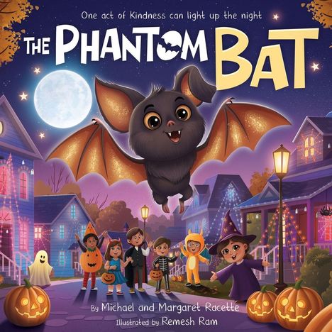 "The Phantom Bat" oben in einem fantasievollen Stil. Kinder in Halloween-Kostümen und eine freundliche Fledermaus in einer bunten Szene.