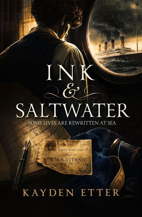 „Ink & Saltwater: Some Lives Are Rewritten at Sea“ von Kayden Etter. Ein Mann schaut aus einem Bullauge, draußen die Titanic.