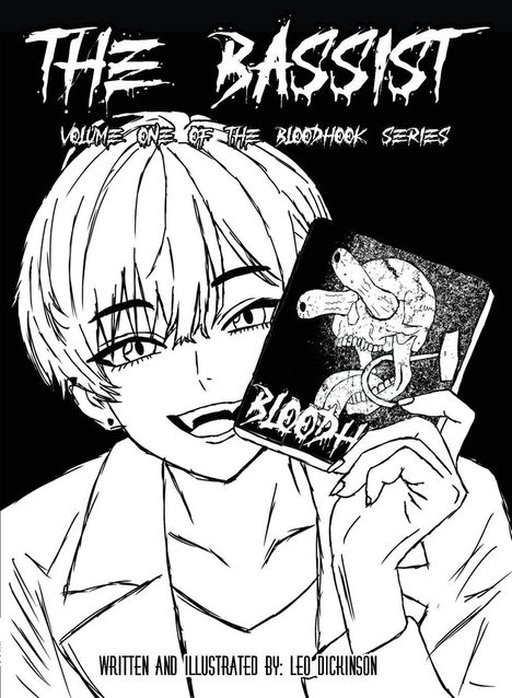 "The Bassist", "Volume One of the Bloodhook Series", "Bloodh". Schwarz-weiße Illustration: Person hält Buch mit Totenkopf.