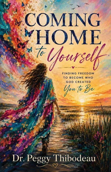 "COMING HOME to Yourself. FINDING FREEDOM TO BECOME WHO GOD CREATED You to Be." Frau läuft in Sonnenuntergang.