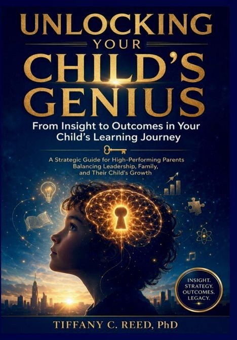 „Unlocking Your Child's Genius“: Kind seitlich mit leuchtendem Gehirn, Symbole von Wissen und Lernen umgeben es.