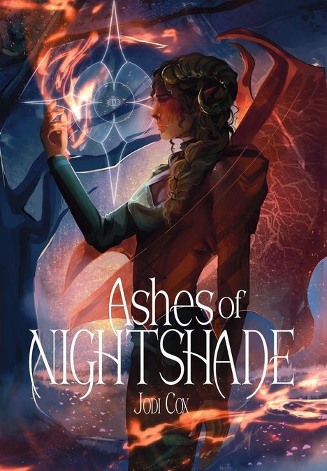 "Ashes of Nightshade" und "Jodi Cox". Eine Frau mit Flügeln, die zu einem leuchtenden Symbol greift. Fantasy-Stil.