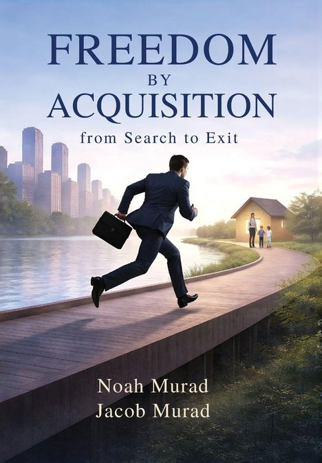"FREEDOM BY ACQUISITION from Search to Exit. Noah Murad, Jacob Murad." Ein Mann in Anzug läuft, Hintergrund Hochhäuser.