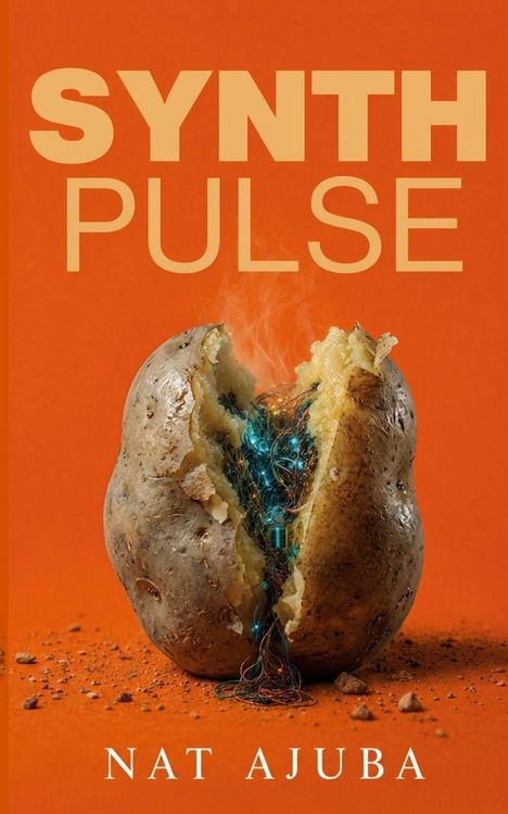 "SYNTH PULSE", "NAT AJUBA". Eine gesprungene Kartoffel zeigt innen bunte Drähte und glühende Elemente. Hintergrund in Orange.