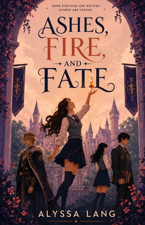 Text: "ASHES, FIRE, AND FATE" oben, "ALYSSA LANG" unten. Jugendliche in Schuluniformen vor einem Schloss, eine hält eine Flamme.