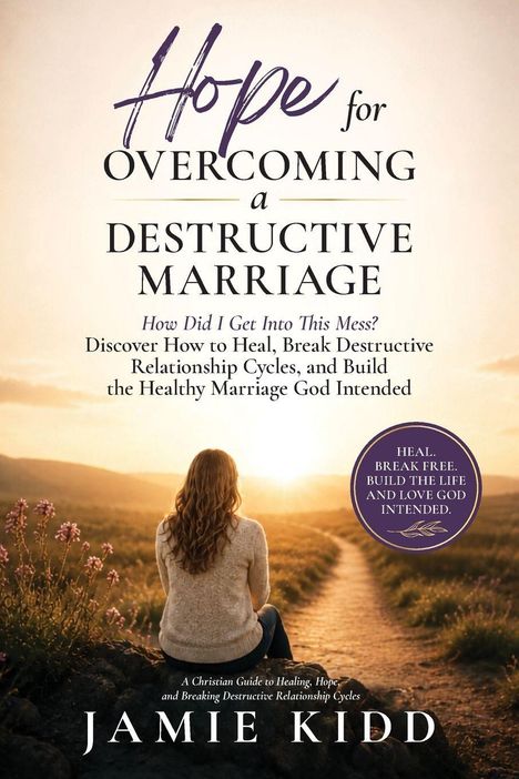 "Hope for Overcoming a Destructive Marriage" von Jamie Kidd. Frau auf einem Pfad bei Sonnenuntergang sitzend.