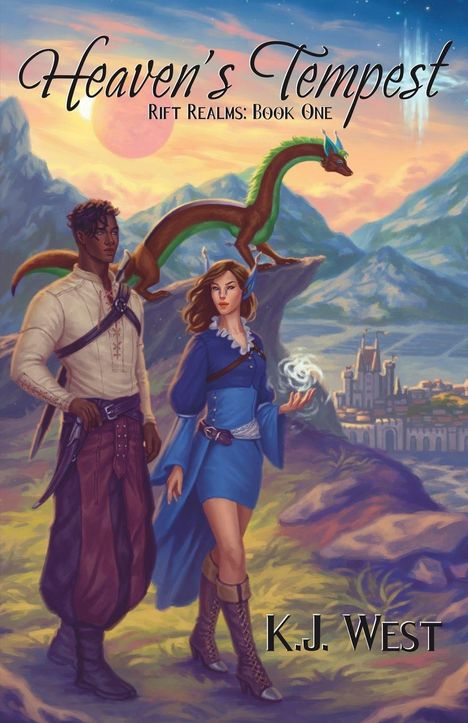 "Rift Realms: Book One", zwei Abenteurer und ein Drache im Fantasy-Landschaft, Burg im Hintergrund, von K.J. West.