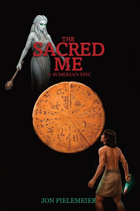 "The Sacred Me: A Sumerian Epic" von Jon Pielemeier. Ein sumerisches Artefakt, zwei Figuren: eine weibliche mit Keule, ein männlicher Krieger.