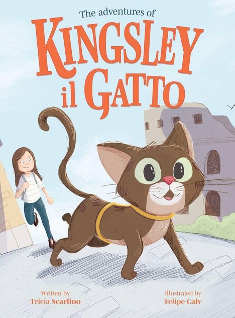 „The Adventures of Kingsley il Gatto“ steht oben. Eine Illustration zeigt eine fröhliche Katze und ein Mädchen.