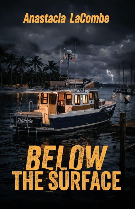 Text: "Anastacia LaCombe" und "BELOW THE SURFACE". 

Ein beleuchtetes Boot im Wasser mit Sturmwolken und Blitz.