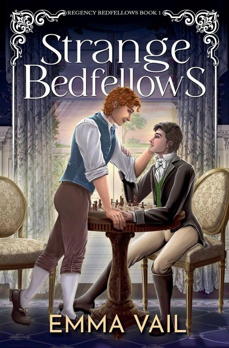 "Strange Bedfellows" von Emma Vail. Zwei Männer spielen Schach, einfühlsame Geste beim Blickkontakt. Historische Kleidung.